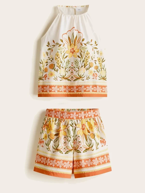 Set Estampado Top Sin Manga Y Short Color Amarillo Y Moztaza