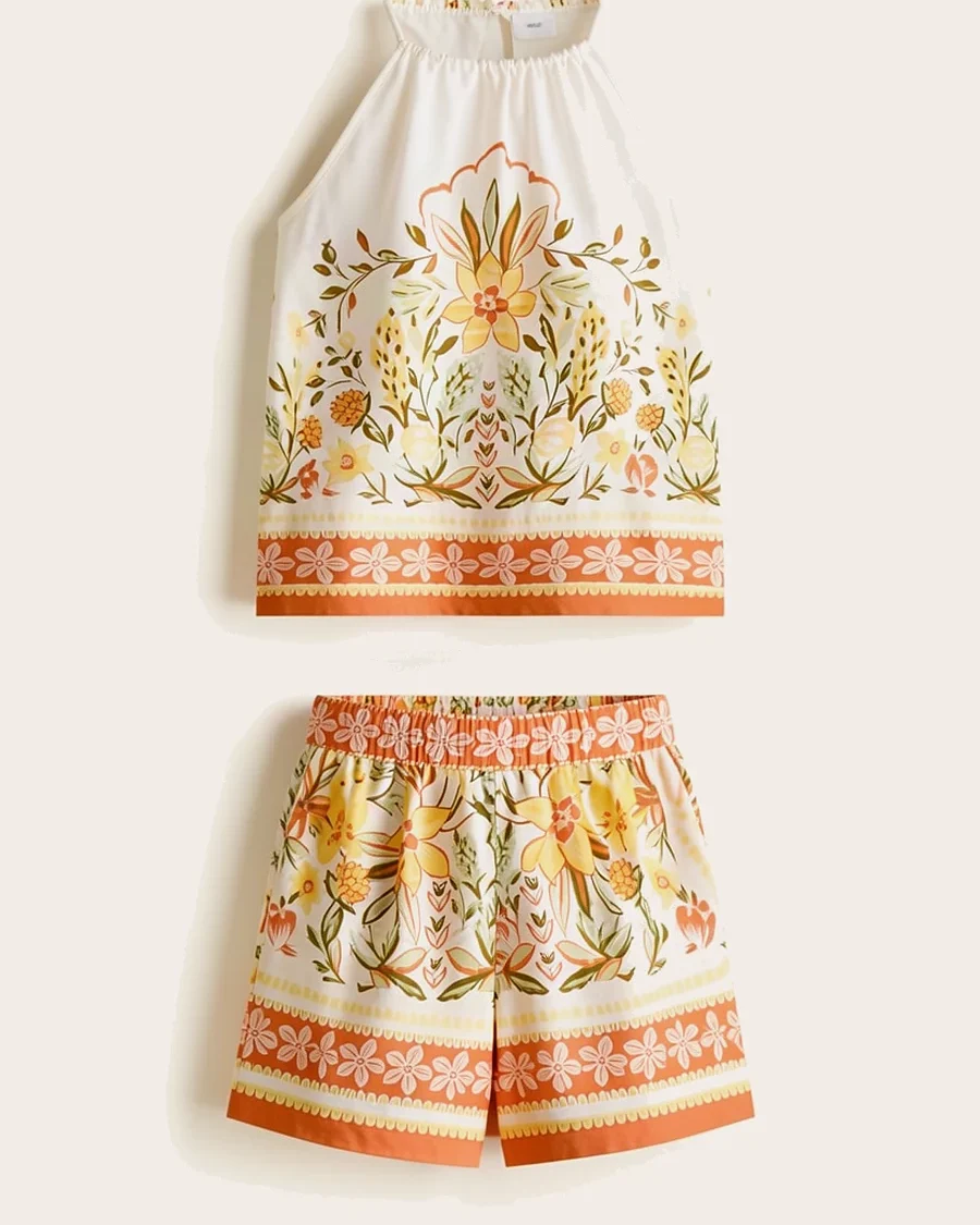 Set Estampado Top Sin Manga Y Short Color Amarillo Y Moztaza