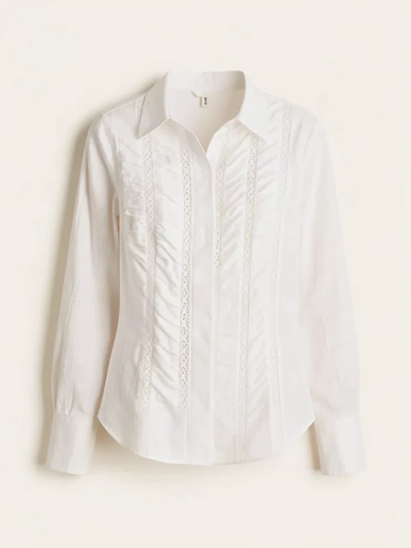 Camisa Manga Larga De Algodon Con Detalles Presentados Color Blanca