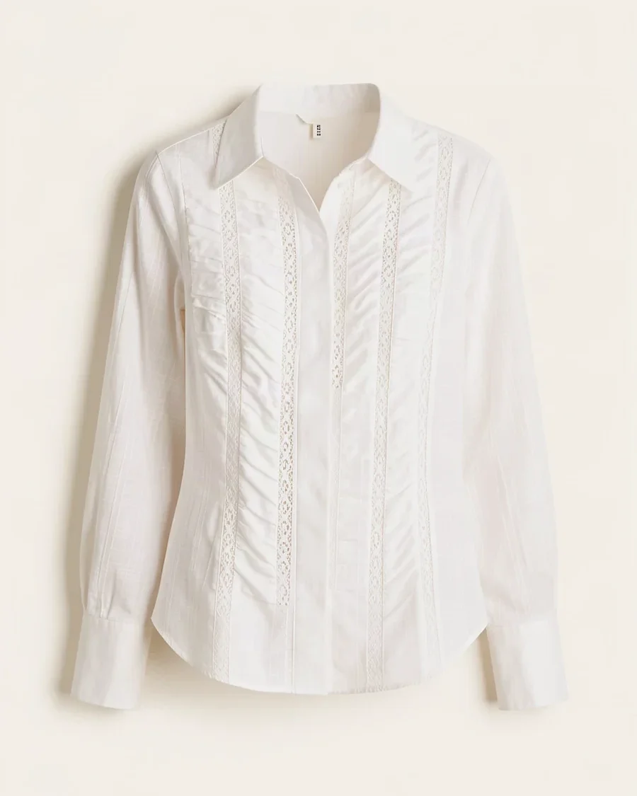 Camisa Manga Larga De Algodon Con Detalles Presentados Color Blanca