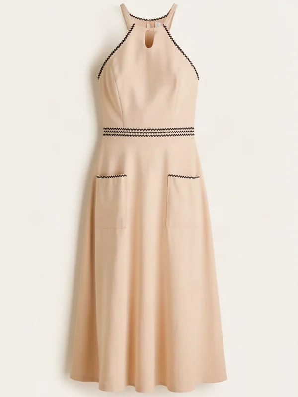 Vestido Lino Sin Manga Escote Espalda Con Detalles En Bolsillo Y Contorno De Cintura Color Beige