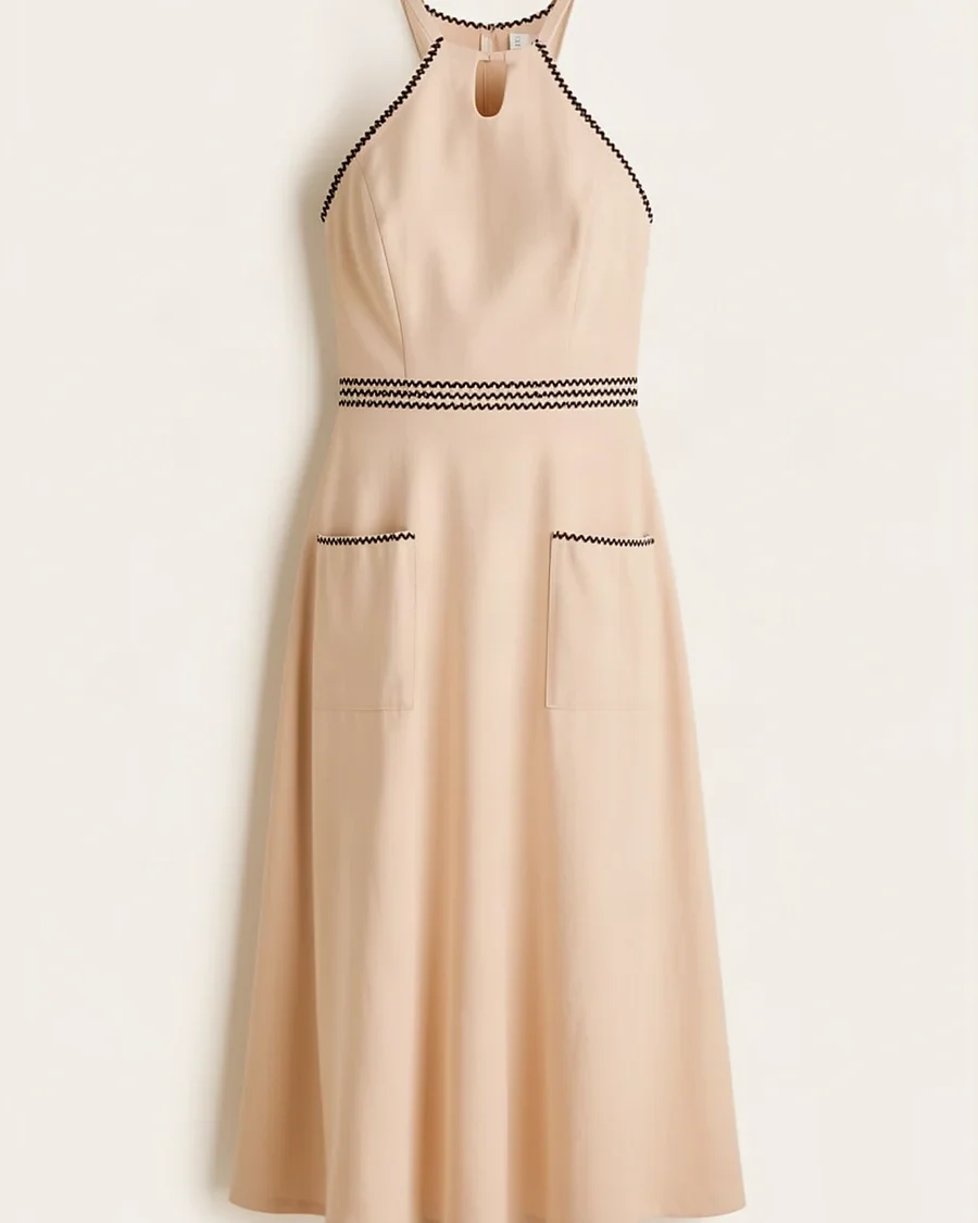 Vestido Lino Sin Manga Escote Espalda Con Detalles En Bolsillo Y Contorno De Cintura Color Beige
