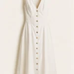 Vestido Midi Liso Escote En V Delantero Sin Mangas Abotonado