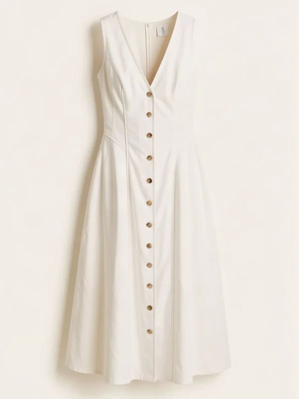 Vestido Midi Liso Escote En V Delantero Sin Mangas Abotonado