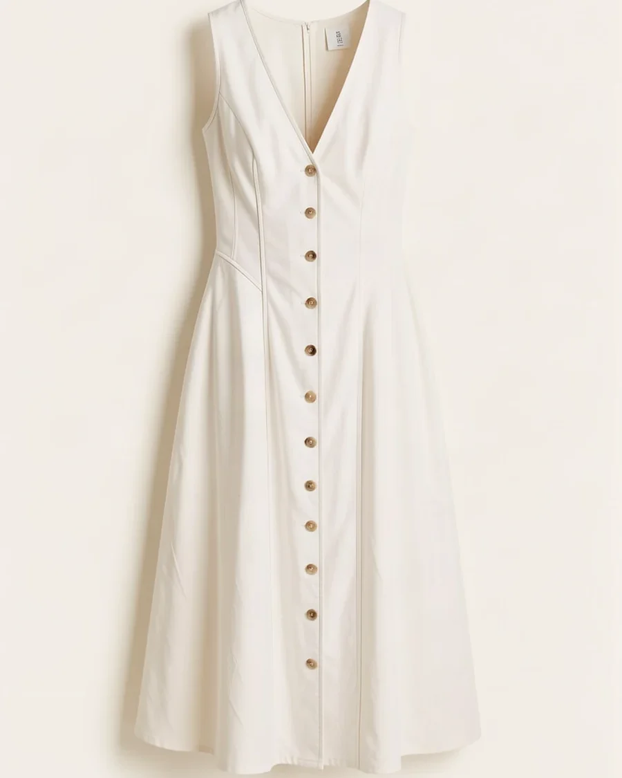 Vestido Midi Liso Escote En V Delantero Sin Mangas Abotonado