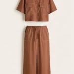 Set Pantalon Largo Camisa Manga Corta Con Contraste De Mezcla