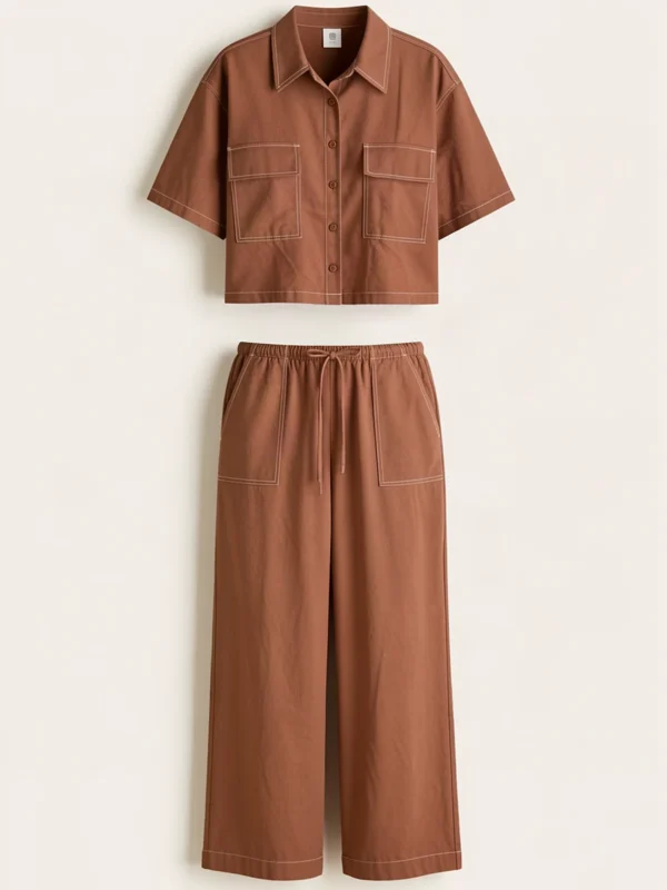 Set Pantalon Largo Camisa Manga Corta Con Contraste De Mezcla