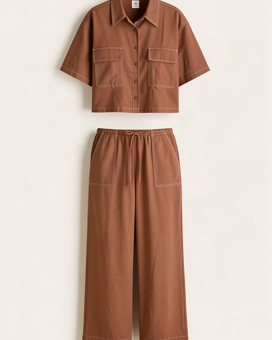 Set Pantalon Largo Camisa Manga Corta Con Contraste De Mezcla
