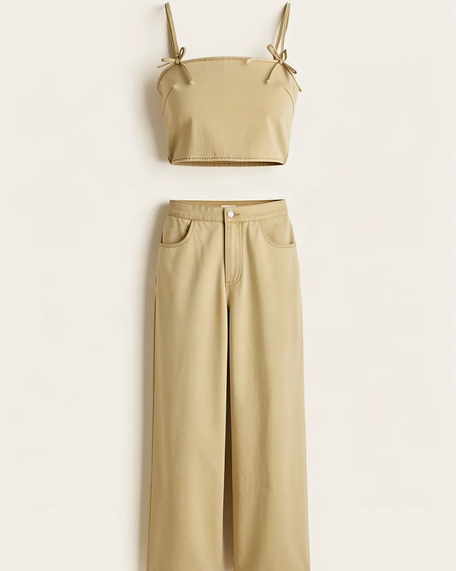 Conjunto De Top Corto Con Detalle De Cinta Y Pantalon De Pierna Ancha Color Aceituna