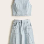 Set En Denim Falda Corta Y Top Cuello Halter Lazo En La Espalda Color