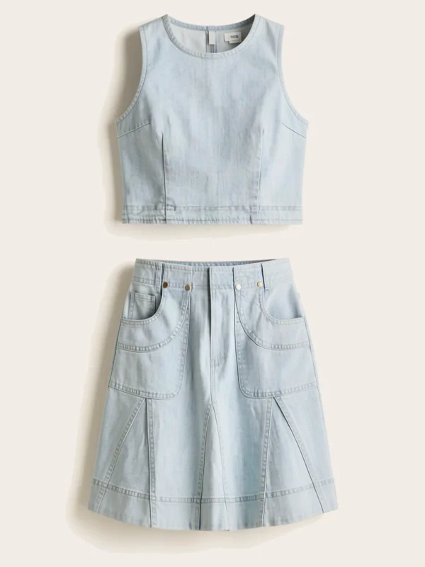 Set En Denim Falda Corta Y Top Cuello Halter Lazo En La Espalda Color