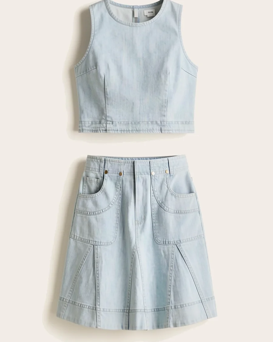 Set En Denim Falda Corta Y Top Cuello Halter Lazo En La Espalda Color
