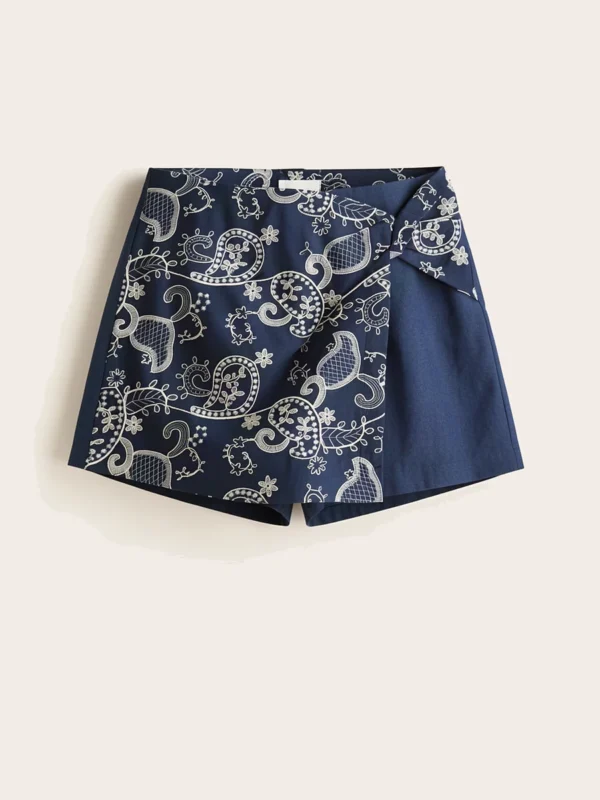 Falda Pantalon Combinacion De Color Liso Y Bordado Con Detalle Frontal Retorcido Y Cierre De Cremallera En La Espalda