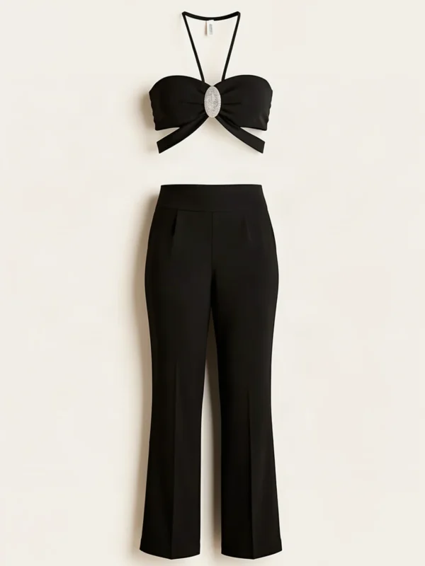 Set Pantalon Largo Top Corto Detalle Plateado Color Negro