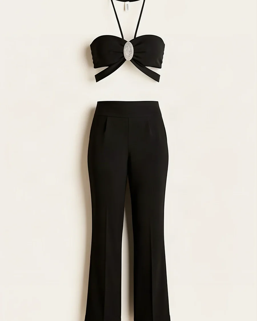 Set Pantalon Largo Top Corto Detalle Plateado Color Negro
